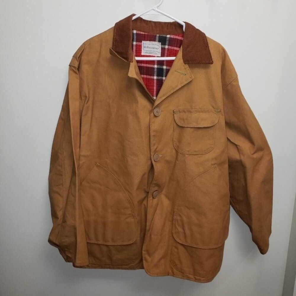 Western Field Vintage Mens Tan Canvas Barn Coat With Red Plaid Lining & Corduroy